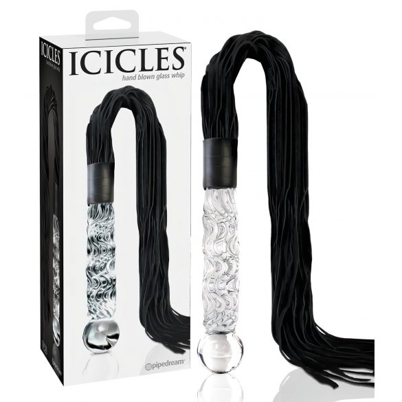 Icicles No. 38 - stekleni dildo z usnjenim bičem (prozorno-črna)