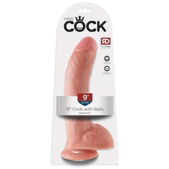 King Cock 9 - velik pripenjalni, testisni dildo (23 cm) - naravni 