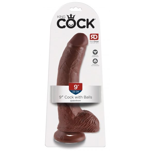 King Cock 9 - velik prijemalni, testisni dildo (23 cm) - rjav