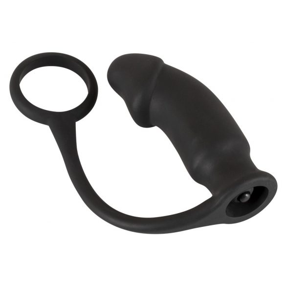 Črni žametni analni vibrator z obročkom za penis (črn) 