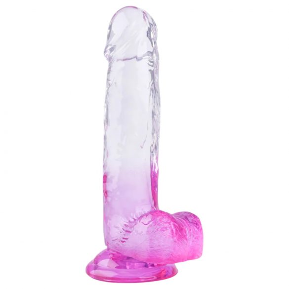 Sunfo - prisesalna, realistično oblikovana dildo s testisi - 22 cm (prozorno-vijolična)