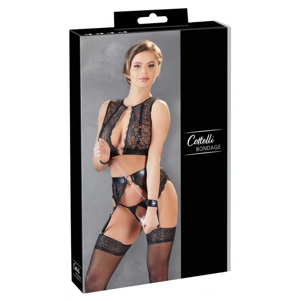 Cottelli Bondage - svetel črtast čipkast komplet spodnjega perila (4 deli)  - M