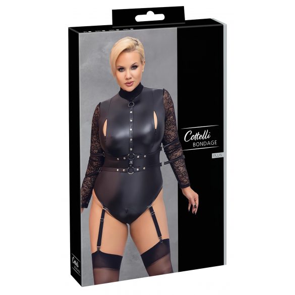 Cottelli Bondage Plus Size - čipkasto telo z rokavi (črno) 