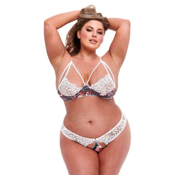 Baci Plus Size - modrček s cvetlično čipko in hlačke z odprtim hrbtom 